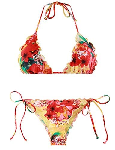RELLECIGA Women's Wavy Triangle Bikini Set Brazilian Swimwear (X-Large, Yellow Floral) - Image 5