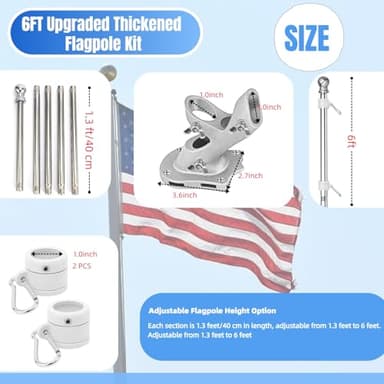 Flag Pole Kit, Upgraded 6 FT Tangle Free Flag Poles with 1 Inch 360° Rotating Rings and 2-Position Holder, Stainless Steel Wall Mounted Flagpoles for Outside House, Outdoor Porch, Residential - Image 6