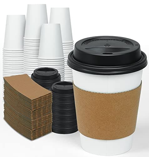 Ginkgo 100 Pack 12 oz Disposable Thickened Paper Coffee Cups with Lids and Sleeves, To Go Hot Coffee Cups, Hot Chocolate, Cocoa and Coffee Bar Supplies - Image 1