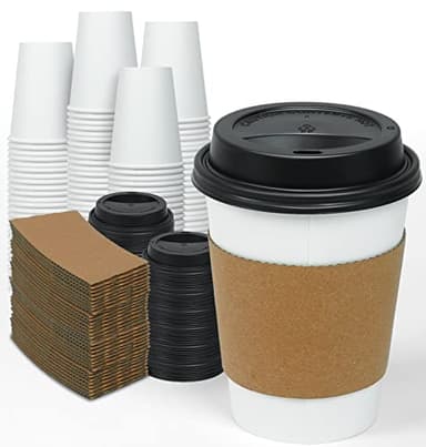 Ginkgo 100 Pack 12 oz Disposable Thickened Paper Coffee Cups with Lids and Sleeves, To Go Hot Coffee Cups, Hot Chocolate, Cocoa and Coffee Bar Supplies - Image 1