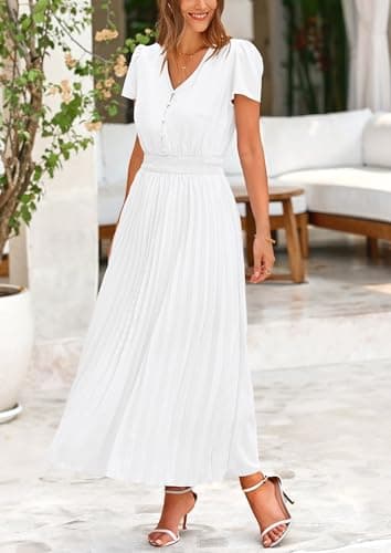 PRETTYGARDEN Women's Summer Maxi Dresses 2025 Trendy Casual Button V Neck Ruffle Cap Sleeve Long Flowy Pleated Dress (White,Small) - Image 4