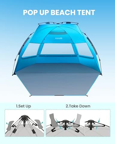 OutdoorMaster Pop Up Beach Tent for 4 Person - Easy Setup and Portable Beach Shade Sun Shelter Canopy with UPF 50+ UV Protection Removable Skylight Family Size - Blue - Image 3