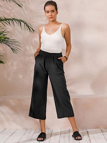Womens Cotton Cropped Pants Loose Fit Wide Leg Capri Casual Plus Size Elastic Waist Trousers Black 2XL - Image 4