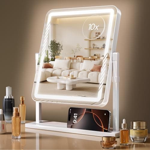 Kcavvi Vanity Mirror with Lights, Height-Adjustable & 360° Rotation, 1/10X Magnification, Three Color Lighting Modes, Makeup Mirror Smart Touch Control, Large Vanity Desk Mirror (17.5in,White)