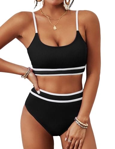 BMJL Women's High Waisted Bikini Ribbed Two Piece Swimsuit High Cut Color Block Adjustable Straps Bathing Suit(L,Black) - Image 1