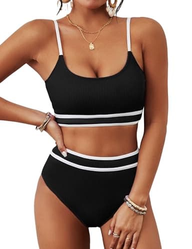BMJL Women's High Waisted Bikini Ribbed Two Piece Swimsuit High Cut Color Block Adjustable Straps Bathing Suit(L,Black) - Image 1