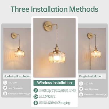 Shenmoyl Battery Operated Wall Sconce with Amber Striped Shade Pattern Glass Adjustable Chain Retro Gold Wall Mounted Light, Modern Wall Lamp Fixtures Decor for Bedside Bedroom Indoor Doorway - Image 2