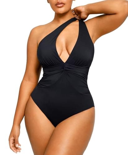 SHAPELLX One Piece Swimsuit Women Tummy Control V Neck One Piece Bathing Suit Built-in Bra One Shoulder Swimwear S Black - Image 1