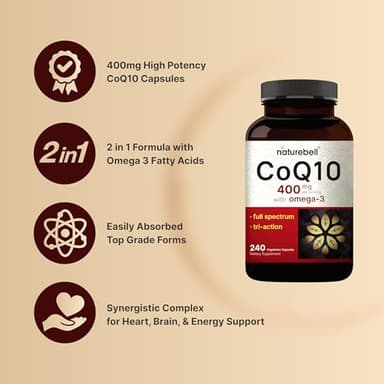 NatureBell CoQ10 400mg with Omega 3, 240 Capsules | Stable High Absorption Form – Antioxidant Support for Heart & Energy Health – Extra Strength Coenzyme Q10 Supplement - Image 3