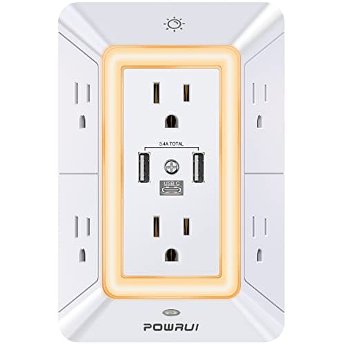 POWRUI Multi Plug 6 Outlet Surge Protector Extender with 3 USB Ports (1 USB C) and Night Light, 3-Sided Power Strip with Adapter Spaced Outlets, ETL Listed, White - Image 1