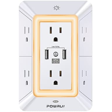 POWRUI Multi Plug 6 Outlet Surge Protector Extender with 3 USB Ports (1 USB C) and Night Light, 3-Sided Power Strip with Adapter Spaced Outlets, ETL Listed, White - Image 1