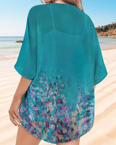 Kimonos for Women Beach Cover up Summer Tops Floral Cardigan Hawaiian Shirts Open Front Resort Wear (Blue Green Flowers,2XL) - Image 5