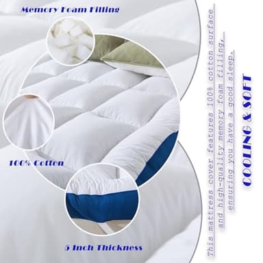 WhatsBedding 5 Inch Memory Foam Queen Mattress Topper 100% Cotton Top, Filled with Breathable & Soft Memory Foam Pillow Top,4 Elastic Straps, 80x60x5 Inch, Queen - Image 4