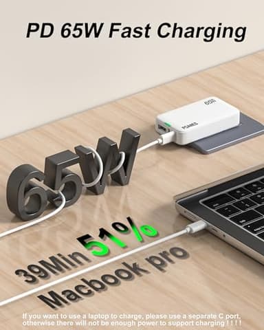 65W GaN USB C Charger, 3 Port Flat USB Wall Charger with USB C and A, Ultra-Slim GaN PD3.0&PPS Adapter, Foldable Plug for Travel for MacBook, Laptops, Tablets, iPhone 15, Samsung(White-65W) - Image 4