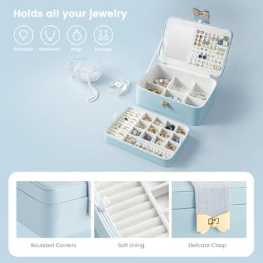 Lolalet 2 Layer Jewelry Box for Teen Girls & Young Women, Jewelry Organizer Case with Bow Clasp and Mirror for Earrings Rings Necklaces Storage, Gift Idea -Blue - Image 3