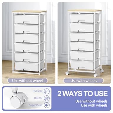 Rolling Storage Cart with Drawers,Utility Cart with 6 Large Drawers and Wooden Tabletop,Craft Storage Cart with Lockable Wheels for Bedroom, Office, Classroom, Kids'Room, Living Room (White) - Image 4