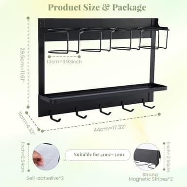 CINPIUK Water Bottle Organizer Holder, Magnetic Cup Rack Storage for Stanley & Large Tumbler, Space Saving Wall Mount Bottle Organizer with 5 Hook, Easy to Install, Black - Image 4