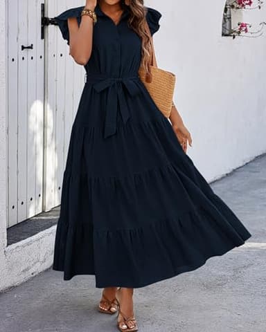 dowerme Women's Summer Casual Dresses 2025 Cap Ruffle Sleeve V Neck Button Belted Tiered Boho Maxi Dress with Pockets(Navy,Large) - Image 4