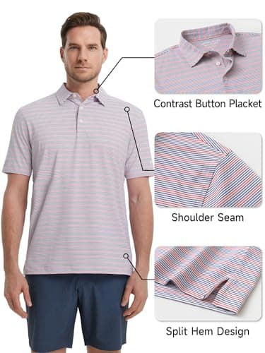 Rouen Mens Polo Shirts Short Sleeve Stripe Dry Fit Performance Moisture Wicking Casual Collared Golf Shirts for Men - Image 3