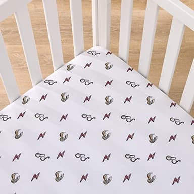 Warner Brothers Harry Potter White, Red, and Gold Lightning Bolt, Golden Snitch, and Glasses Nursery Fitted Crib Sheet - Image 2