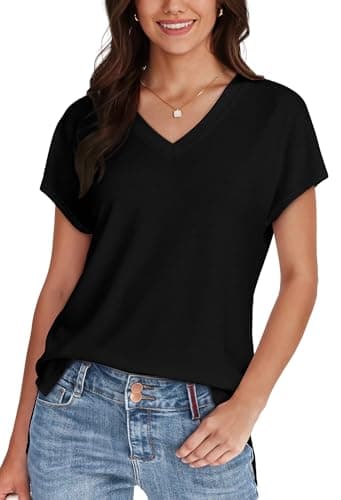 WIHOLL Womens Summer Basic Tops Business Casual Loose Fit V Neck T Shirts Cap Sleeve Oversized Summer Beach Vacation Clothes Dressy Trendy 2025 Fashion Tee Blouses Black XL - Image 2