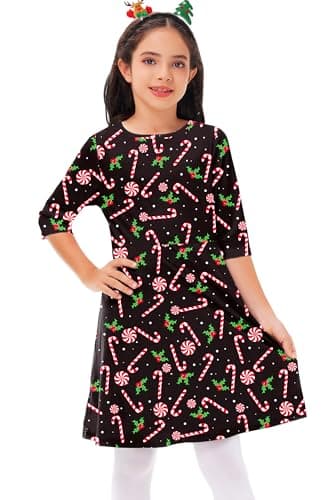 Little Girl Christmas Dress Candy Cane Printed Outfit Xmas Swing Black Dresses 3-4 Years - Image 3