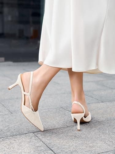 Coutgo Womens Slingback Kitten Heels Closed Pointed Toe Pumps D'Orsay Wedding Party Dress Shoes, Cream White, Size 9 - Image 3