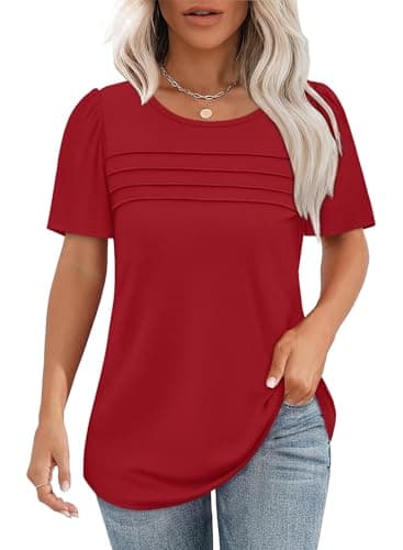 School Outfits for Teachers Short Sleeve Shirts for Womens Tops Dressy Casual Valentine Shirts Summer Work Blouses Plus Size Beach Vacation Clothes Red 2XL - Image 1