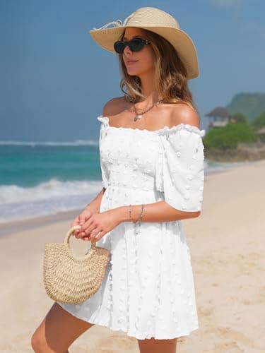 EXLURA Women's Summer Flowy Mini Sundress Square Neck High Waist Swiss Dot Smocked Ruffle Short Flutter Sleeve Dress White - Image 4