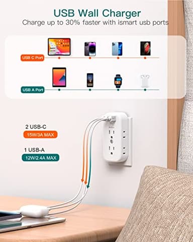 Outlet Extender Multi Plug Adapter - Addtam Electrical 6 Outlet Splitter with 3 USB Wall Charger (2 USB-C Ports), Wall Surge Protector Plug Expander for Cruise, Travel, Home, Office, Dorm Essentials - Image 2