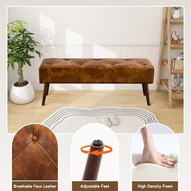 Furnimart Faux Leather Bench Ottoman, Tufted Button Bedroom Benches Footrest Stool in Solid Wood Legs, Long and Dining Bench, Indoor Bench for Entryway Living Room Bedroom (Leather-DustYellow) - Image 6