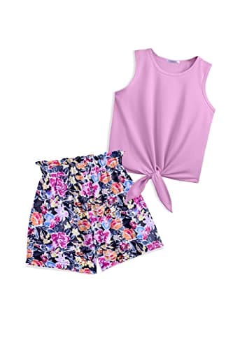 Arshiner Toddler Girls Short Sets Tie Knot Tank Top and Paperbag Waist Shorts Cute Girl Summer Clothing for 2-7 Years - Image 1