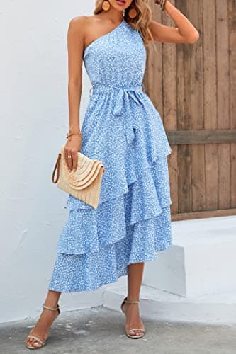 PRETTYGARDEN Women's Summer Floral Sundress Casual One Shoulder Tiered Ruffle Flowy Midi Beach Boho Dresses (Floral Light Blue,X-Large) - Image 3