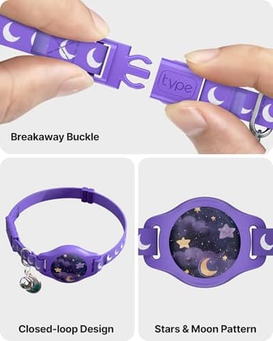 Cat Collar with Airtag Holder, Breakaway Airtag Cat Collar for Apple Air Tag with Luminous & Reflective Pattern, Waterproof GPS Cat Tracker Collars for Boy Girl Cats Kittens with Bell, Purple (8-12") - Image 5