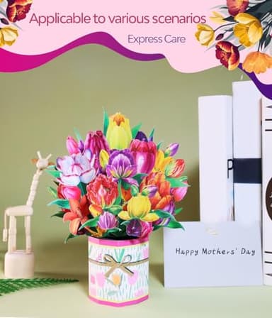 3D Pop-Up Tulip Flower Card, Handmade Spring Greeting Card for Mother’s Day, Spring Birthdays, Graduation, or Housewarming, Colorful Floral Bouquet in Vase Design, with Envelope and Note Card - Image 2