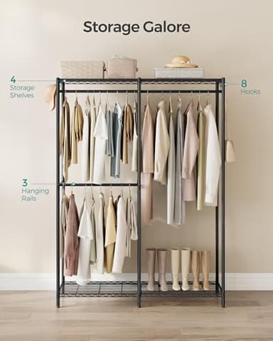 SONGMICS Clothes Rack, Freestanding Wardrobe Closet, Metal Clothing Racks, Heavy-Duty Garment Rack with Adjustable Shelves, Hanging Rods, Dividable, 15.8 x 47.2 x 70.9 Inches, Ink Black ULGR423B01 - Image 4