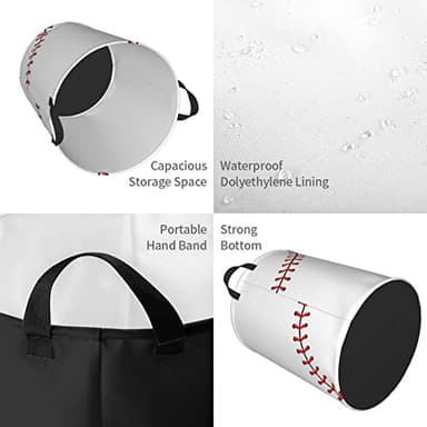 Gbuzozie 38L Round Laundry Hamper Red Stitching Baseball Storage Basket Waterproof Coating White Ball Organizer Bin For Nursery Clothes Toys - Image 6