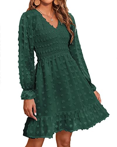 BTFBM Long Sleeve Fall Dresses for Women 2025 Casual V Neck Swiss Dot Smocked Ruffle Chiffon Summer Flowy Mini Dress(Dark Green, Medium) - Image 1