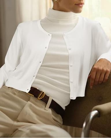 Newshows White Cardigan for Women Fall Lightweight 2025 Long Sleeve Crew Neck Button Down Knit Business Bolero Shrug Sweaters Cropped Clothes(White, Small) - Image 3