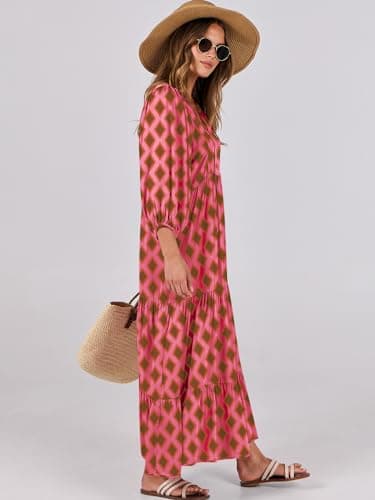 ANRABESS Womens Boho Maxi Dresses 2025 Summer V Neck Puff Sleeve Floral Flowy Swing Fall Casual Long Dress Pink Small - Image 3