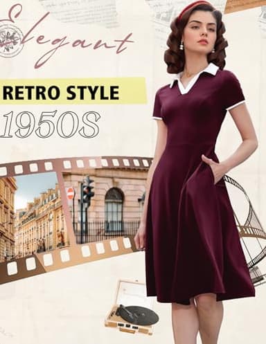 Dressystar Women V Neck 1950s Vintage Short Sleeves Dress Retro A Line Swing Rockabilly Cocktail Party Dresses with Pockets Burgundy L - Image 6