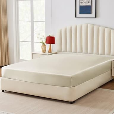 CozyLux Satin Fitted Sheet Queen Size, Beige Silky Satin Bed Fitted Sheet Only with Silky Microfiber, Deep Pocket, Single Bottom Sheet Sold Separately, Breathable, Smooth and Soft - Image 1