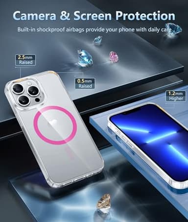 FNTCASE for iPhone 13 Pro Case: Magnetic Anti-Yellowing Slim Clear Phone Case | Military Grade Protective & Shockproof Drop Protection Thin Transparent Cover (F-Hot Pink) - Image 5