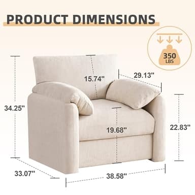 Howjoe Chenille Oversized Armchair, 38.6" Wide Accent Chairs for Living Room & Bedroom Modern Lounge Chair, Upholstered Mid-Century Reading Chair, Comfy Living Room Chair, Single Sofa Chair, Beige - Image 2