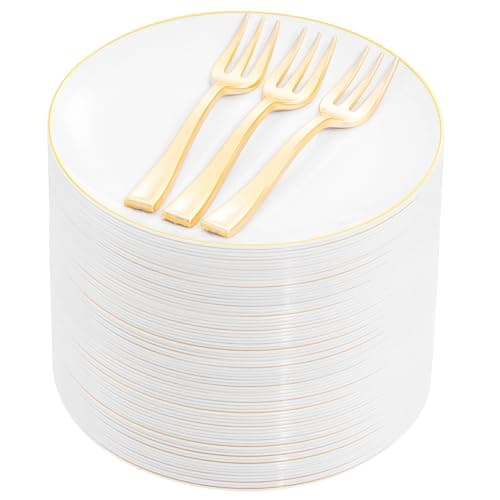 Festiva 200Pcs Gold Dessert Plates 6.3" with Forks 5"- Small Disposable Dessert/Cake/Appetizer Plates Plates- serve 100 guests include 100Plates 100Forks for Wedding Party&Thanksgiving&Birthday - Image 1