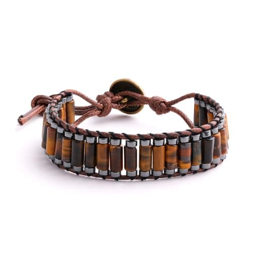 KSQS Protection Bracelet for Man, Hematite Tiger's Eye Beaded Gemstone Chakra Bracelet, Leather Cuff Adjustable Bracelet for Anxiety and Stress(#1) - Image 1