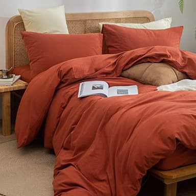 BESTOUCH Duvet Cover Set 100% Washed Cotton Linen Feel Super Soft Comfortable Chic Lightweight 2 PCs Home Bedding Set Solid Burnt Brick Red Twin/Twin XL - Image 5