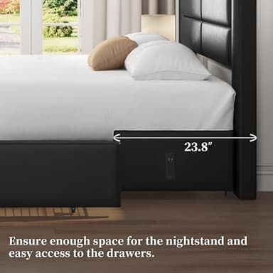Yaheetech King Size Bed Frame with 2 USB Charging Station/Port for Type A&Type C/4 Storage Drawers, Leather Upholstered Platform Bed with Headboard/Solid Wood Slat Support/No Box Spring Needed/Black - Image 5