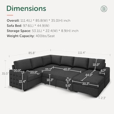 HONBAY Sectional Couch with Pull Out Bed, Sectional Sleeper Sofa with Storage, U Shape Couches for Living Room, Dark Grey - Image 2