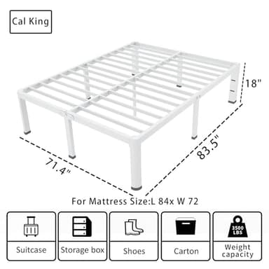 ROIL 18 Inch White California King Bed Frame with Rounded Corner and Headboard Hole Mattress Retainers 3500LBS Heavy Duty Steel Slats No Box Spring Needed Platform Noise-Free Easy Assembly - Image 2